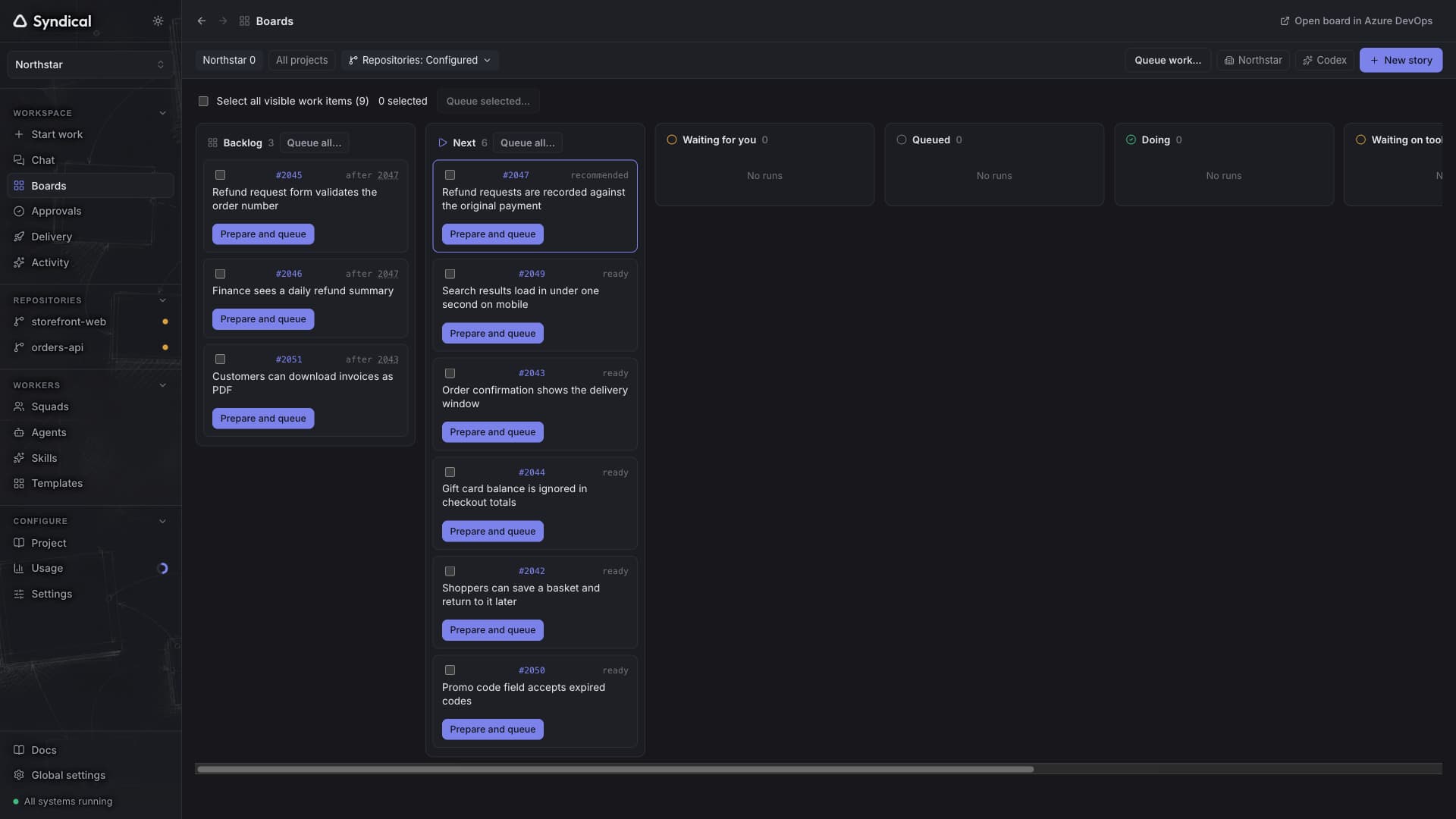 Syndical Boards with Northstar stories and bugs in Backlog and Next, alongside the delivery run columns.