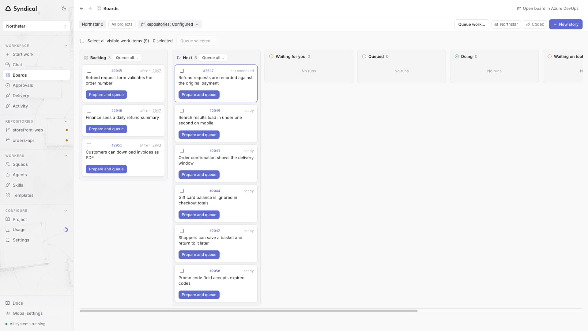 Syndical Boards with Northstar stories and bugs in Backlog and Next, alongside the delivery run columns.