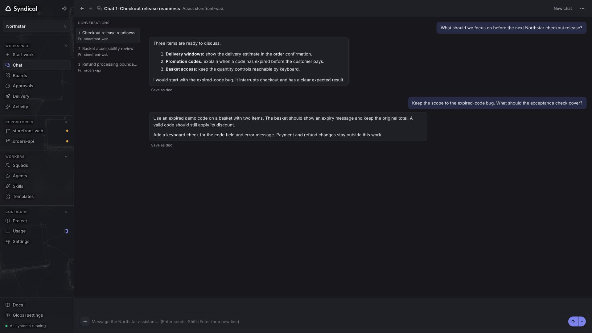 Syndical Chat with a Northstar checkout conversation about release priorities and acceptance checks for expired promotion codes.