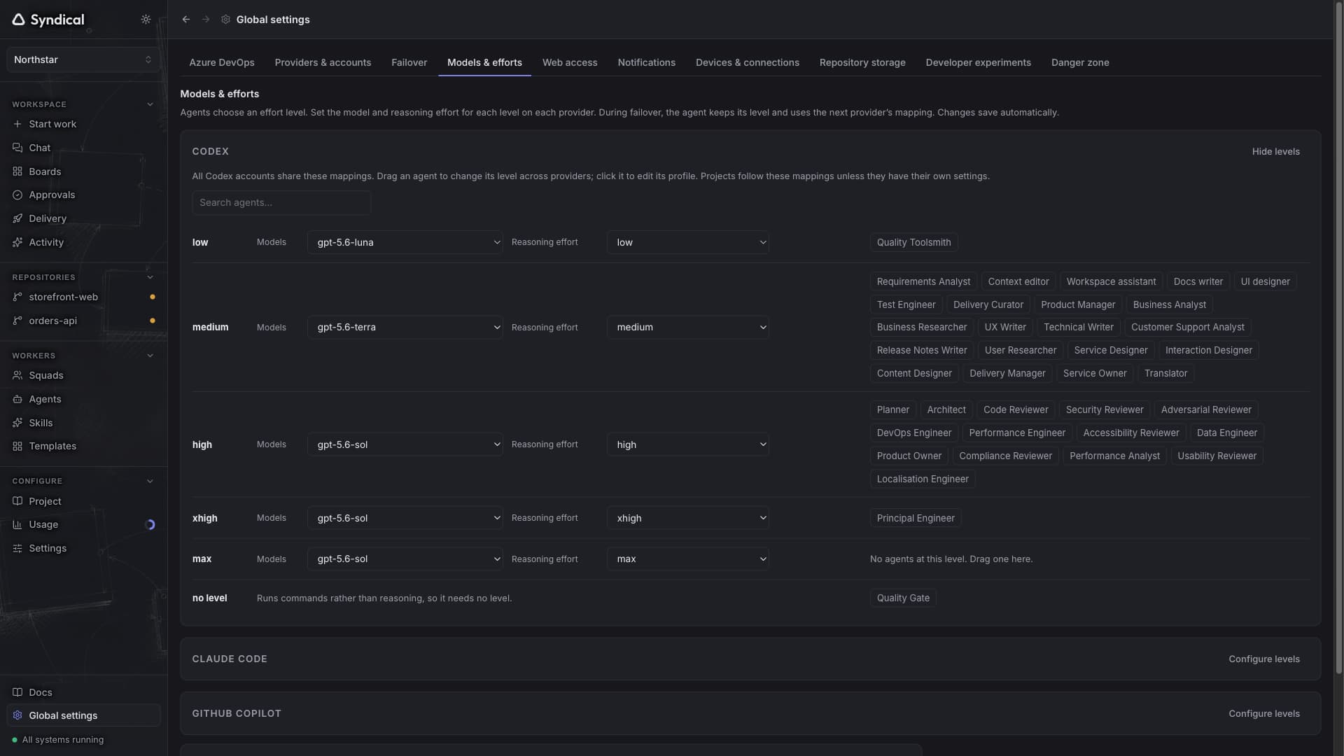 Syndical Global settings on Models & efforts, mapping Codex models and reasoning levels to agent roles.