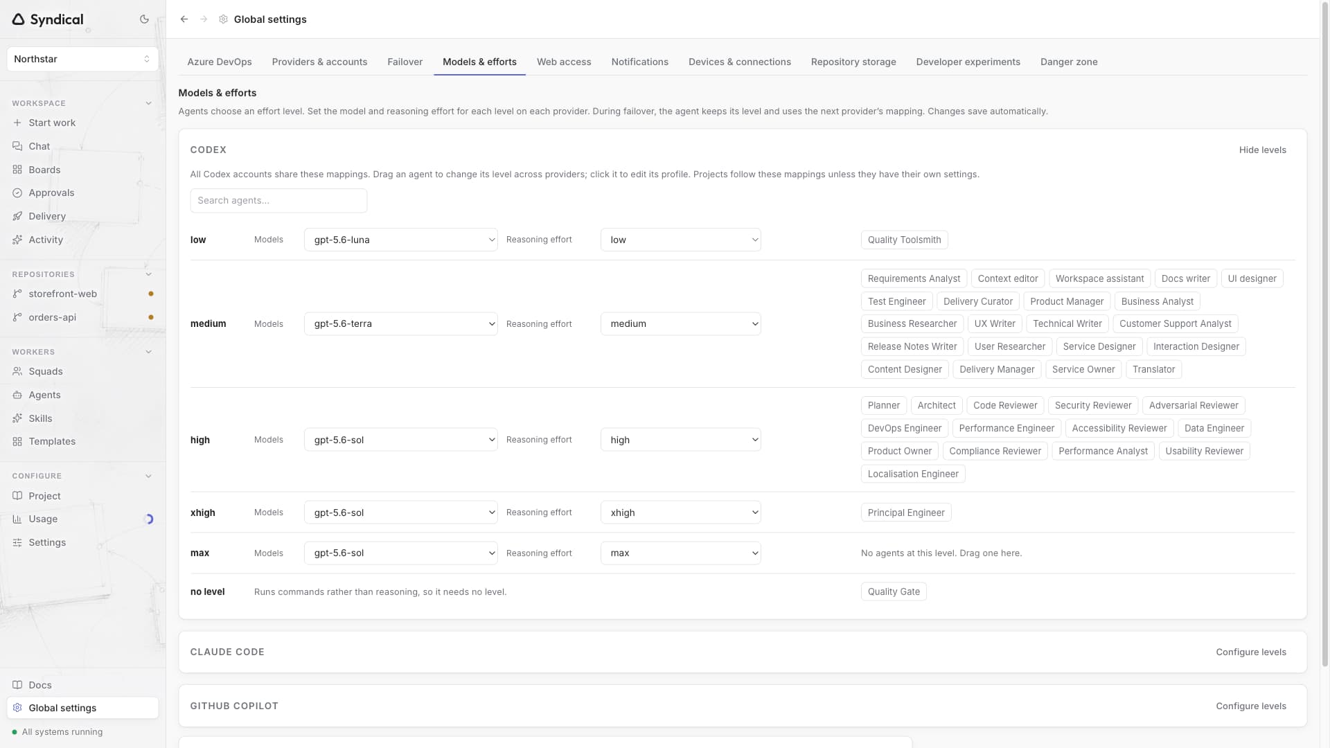 Syndical Global settings on Models & efforts, mapping Codex models and reasoning levels to agent roles.