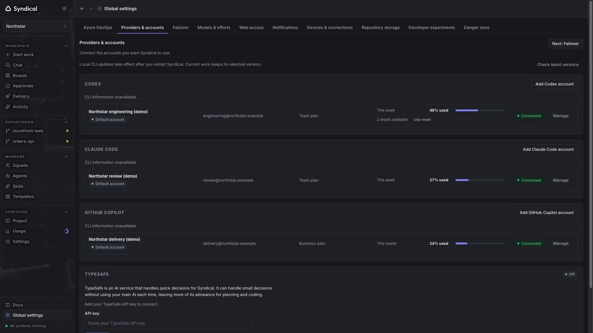 Syndical Global settings with fictional Northstar provider accounts, example identities, plans and allowance readings.