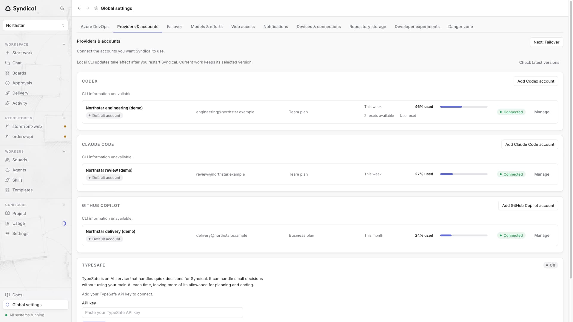Syndical Global settings with fictional Northstar provider accounts, example identities, plans and allowance readings.