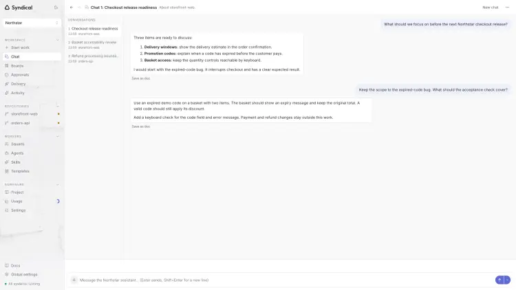 Syndical Chat with a Northstar checkout conversation about release priorities and acceptance checks for expired promotion codes.