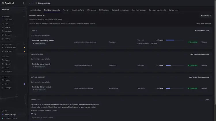 Syndical Global settings with fictional Northstar provider accounts, example identities, plans and allowance readings.