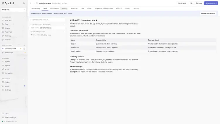 Syndical Repository with the storefront-web document list and its storefront architecture decision open.